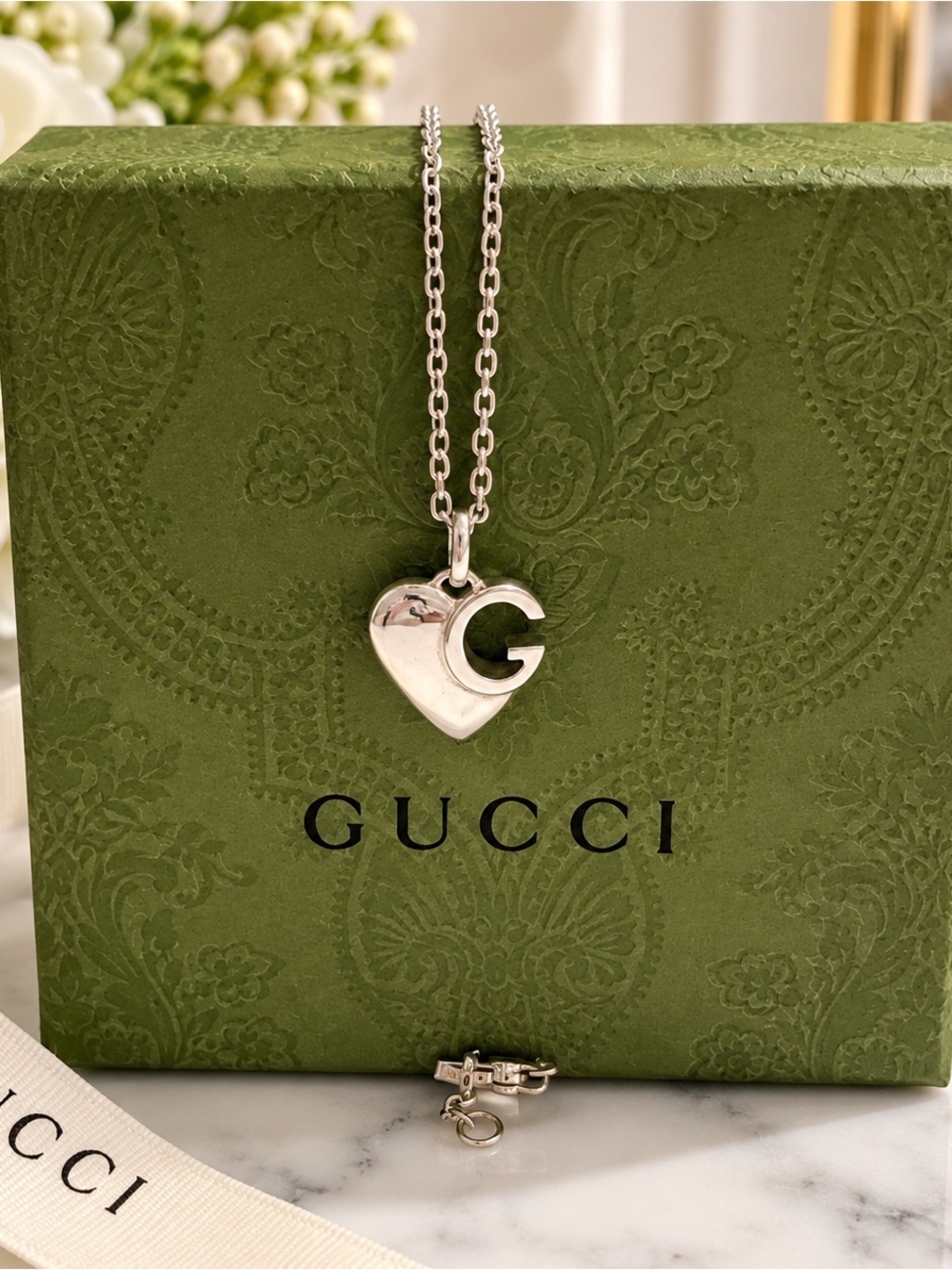 Gucci Silver Heart Pendant Necklace with G Detail